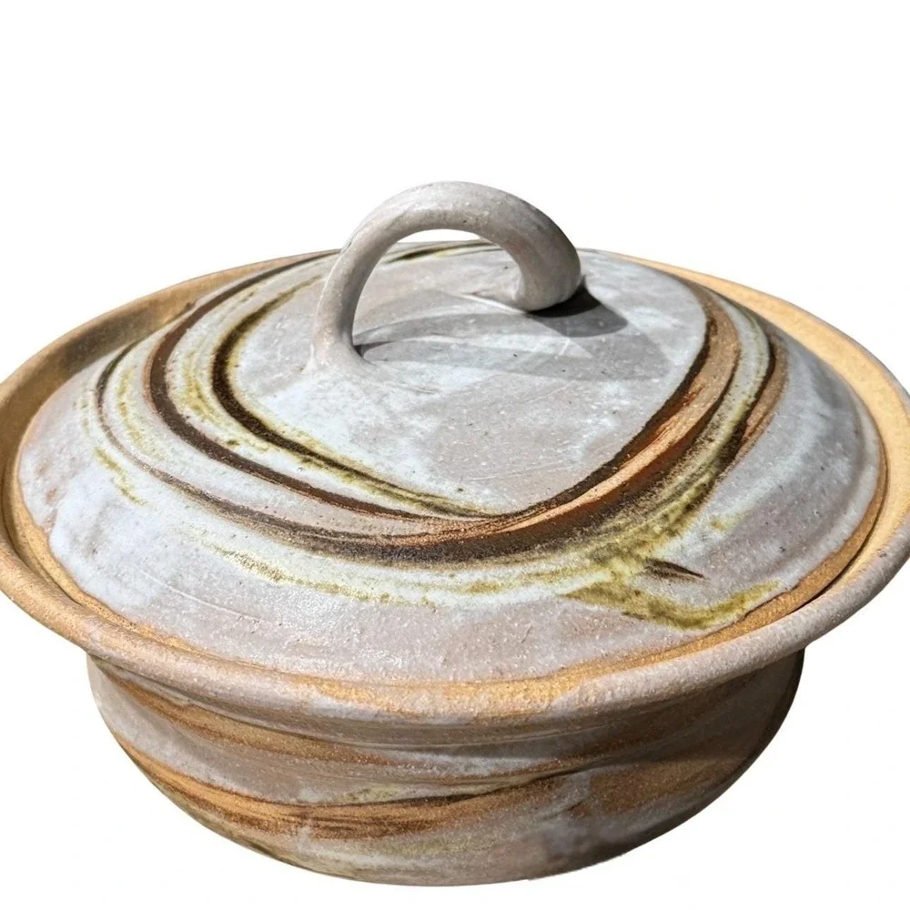 Vintage Studio Pottery Soup Tureen w Lid + 3 Bowls Hand Thrown‎ Stoneware